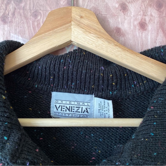 Vintage Venezia Black Rainbow Speckled Collared 3/4 Sleeve Sweater One Size - Picture 4 of 5
